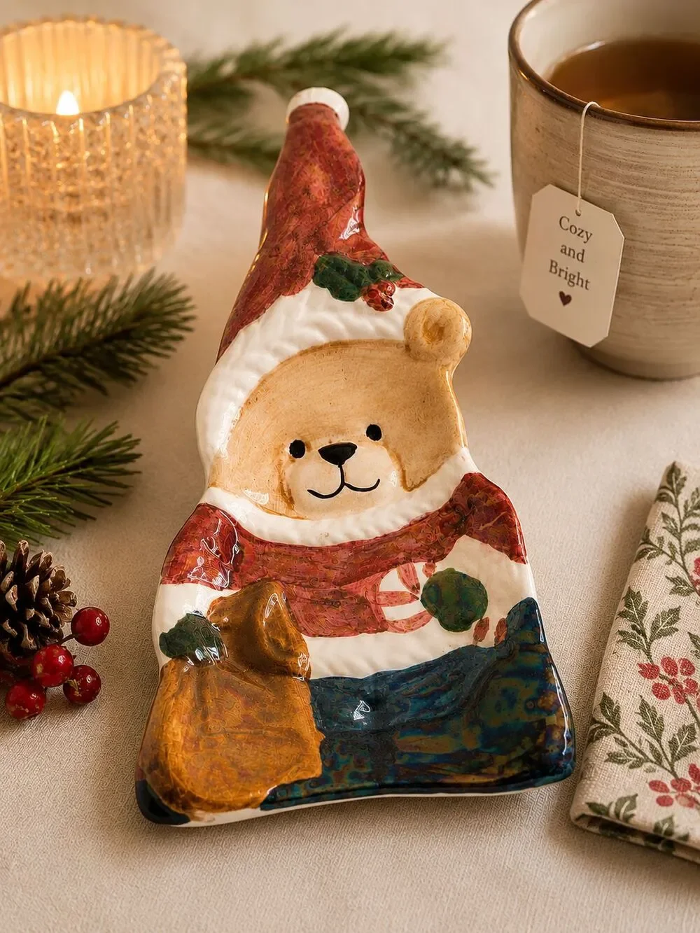 Vintage Christmas Teddy Bear Ceramic Spoon Rest Tea Bag Holder Santa Hat 9